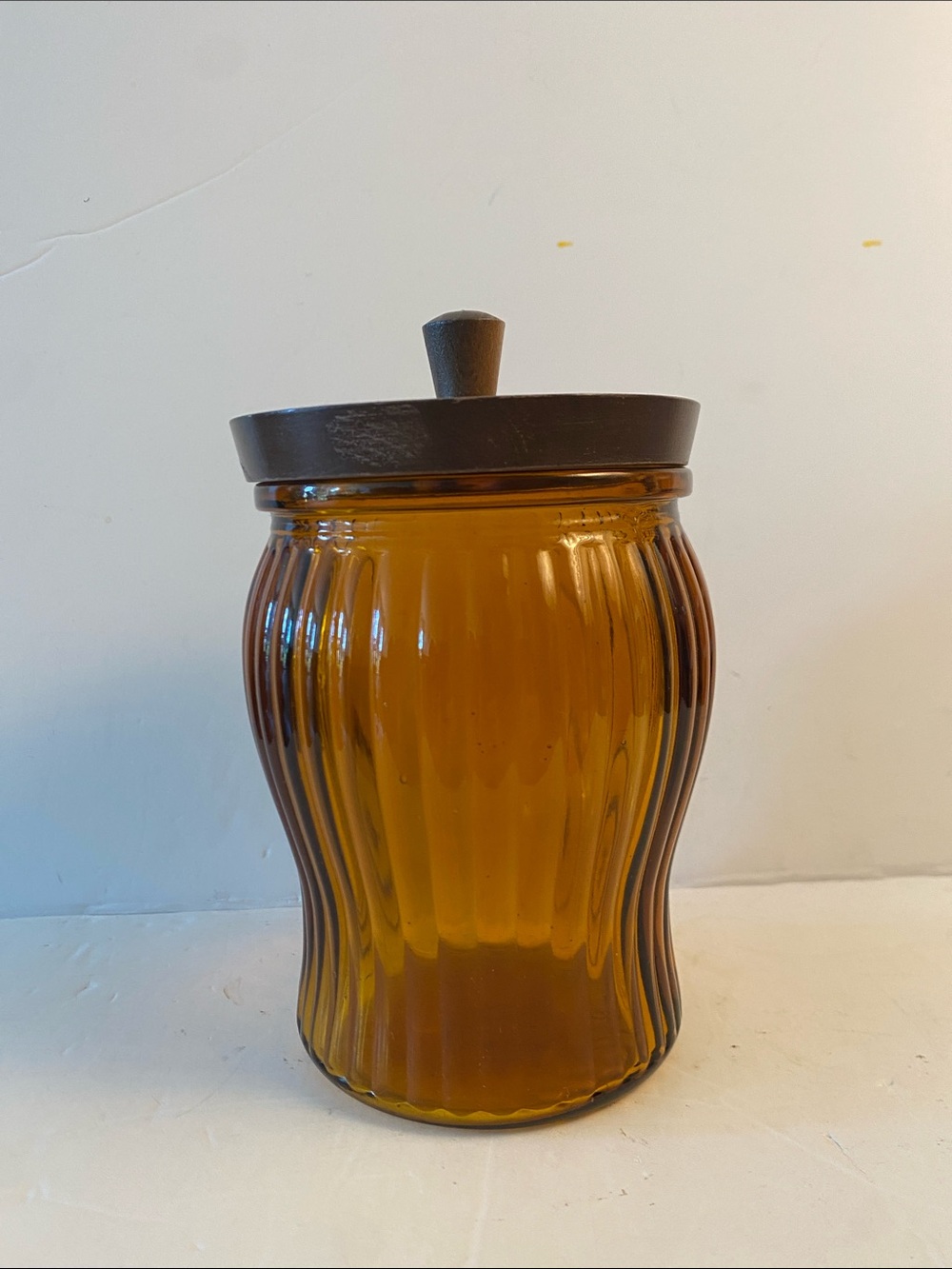 Vintage Japanese Amber Ribbed Glass Jar with Dark Wood Lid